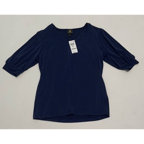 JM Collection Puff Sleeve V-neck Blouse Top Short Sleeve Intrepid Blue Small - Picture 8 of 10